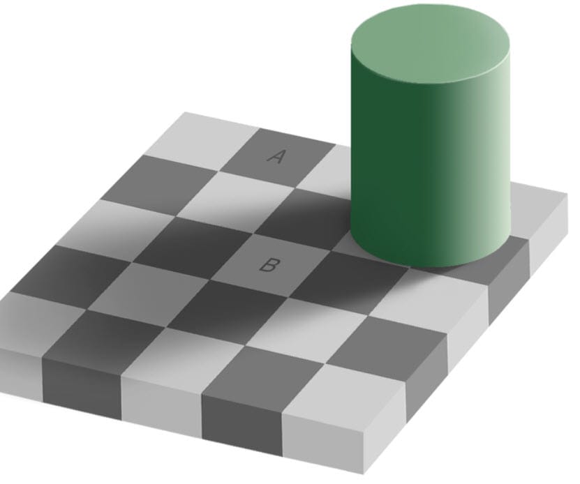 איור של טעות אופטית נפוצה בה הצבע של ריבועים זהים נראה שונה